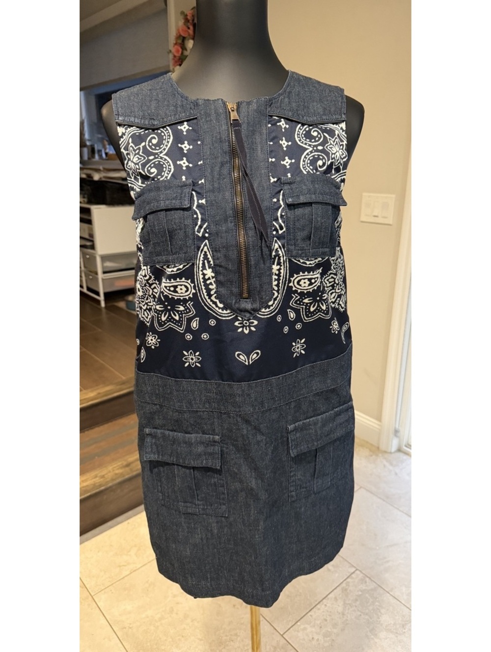Rare Unique Moncler Denim Paisley Bandana zip side dress small check measurement